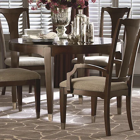 Transitional Round Dining Table with Tapered Block Legs and Nickel Ferrules